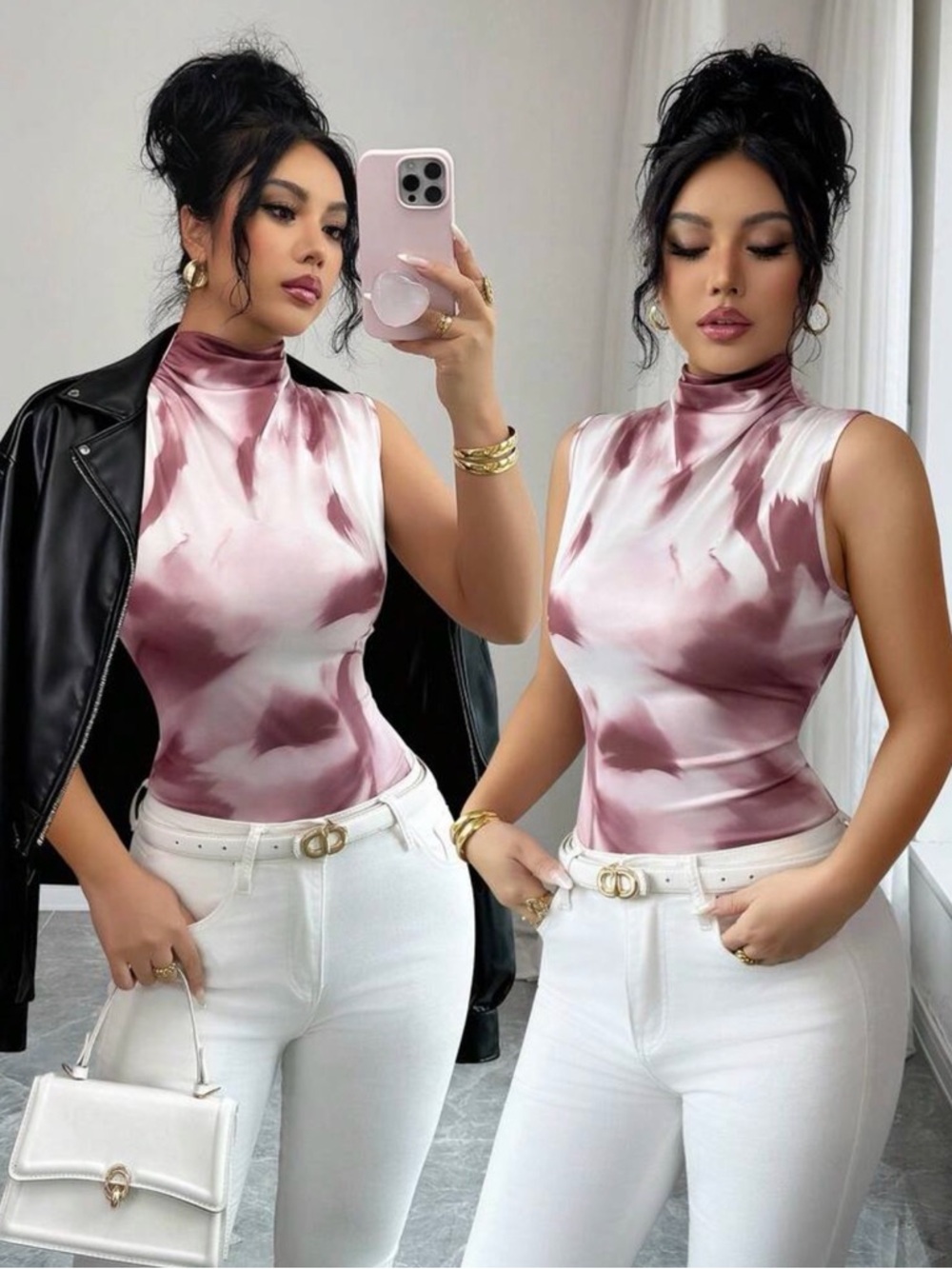 Sleeveless Mock Neck Tie-Dye Top in Mauve and White